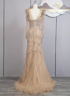 Vintage Champagne Mermaid Long Sleeve Square Neck Feather Beaded Tulle Long Formal Prom Dresses