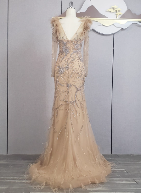 Vintage Champagne Mermaid Long Sleeve Square Neck Feather Beaded Tulle Long Formal Prom Dresses