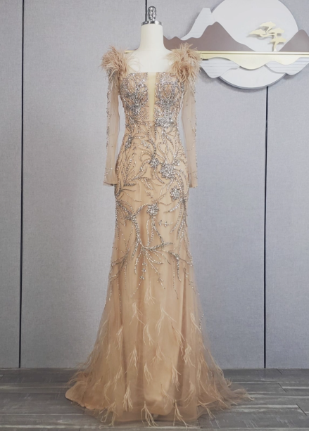 Vintage Champagne Mermaid Long Sleeve Square Neck Feather Beaded Tulle Long Formal Prom Dresses Main image