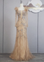 Vintage Champagne Mermaid Long Sleeve Square Neck Feather Beaded Tulle Long Formal Prom Dresses