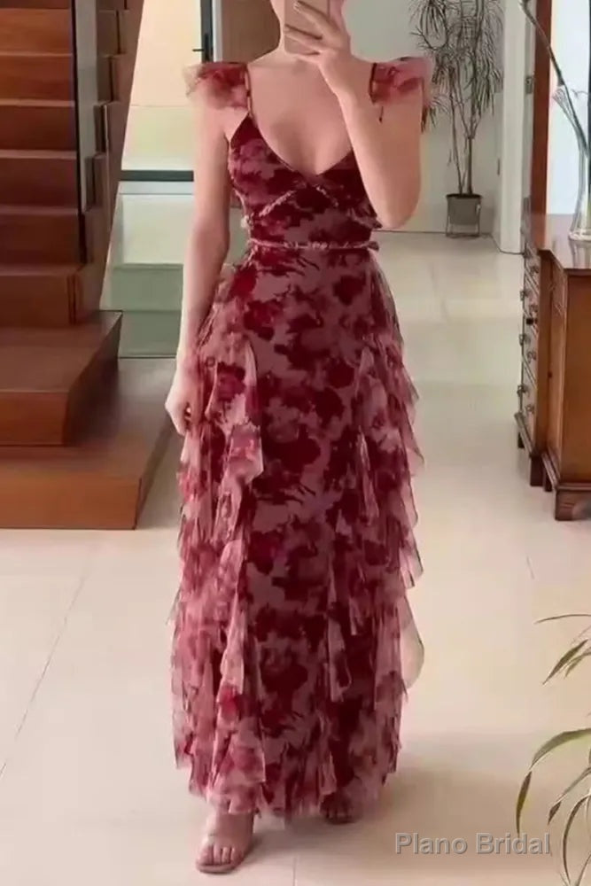 Vintage Chiffon Print Irregular Ruffles Long Prom Dress A Line Party Dress Main image