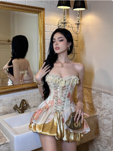 Vintage Corset Pink Gold Rose Puffy Birthday Dresses Homecoming Dresses Secondary image