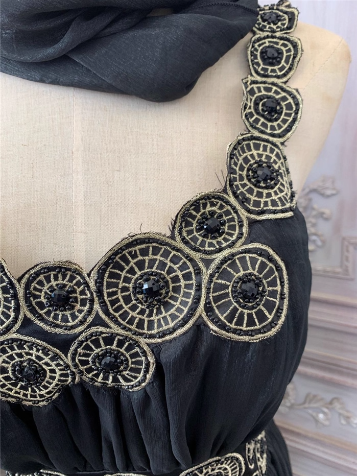 Vintage Court Black Embroidery Circular Pattern Black Diamond Chiffon Long Formal Prom Dresses