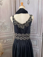 Vintage Court Black Embroidery Circular Pattern Black Diamond Chiffon Long Formal Prom Dresses