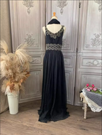 Vintage Court Black Embroidery Circular Pattern Black Diamond Chiffon Long Formal Prom Dresses