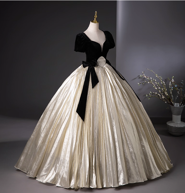 Vintage Court Black & Gold Color Block Bowknot Puff Sleeve Velvet Satin Ball Gown Prom Dresses Sweet 16 Dresses Secondary image
