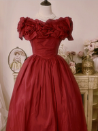 Vintage Court Red Bow Off-The-Shoulder Satin Ball Gown Prom Dresses