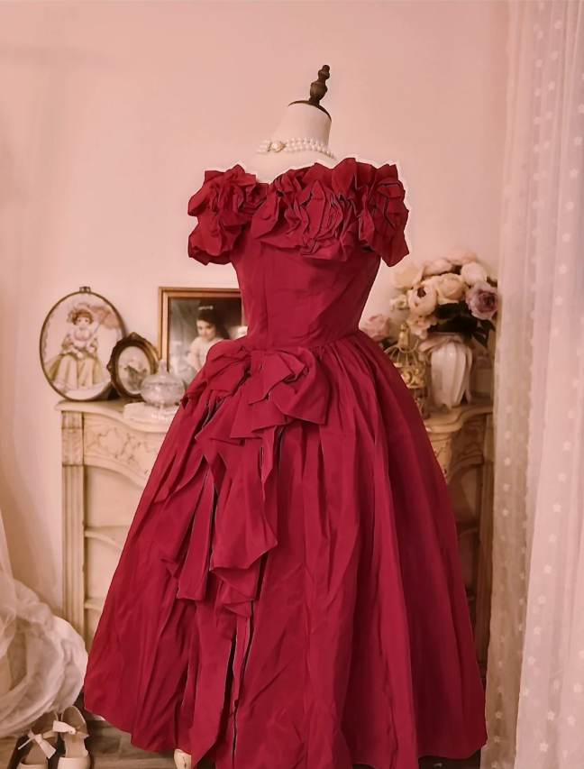 Vintage Court Red Bow Off-The-Shoulder Satin Ball Gown Prom Dresses
