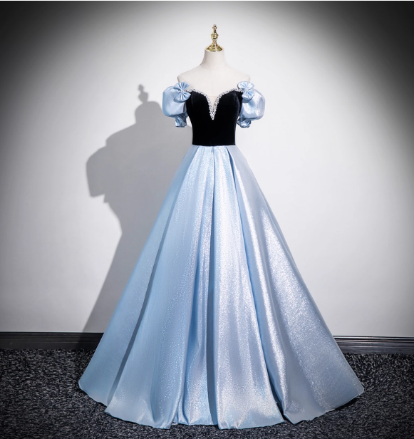Vintage Court Blue Off-Shoulder Bow Velvet Satin Long Ball Gown Prom Dresses Sweet 16 Dresses