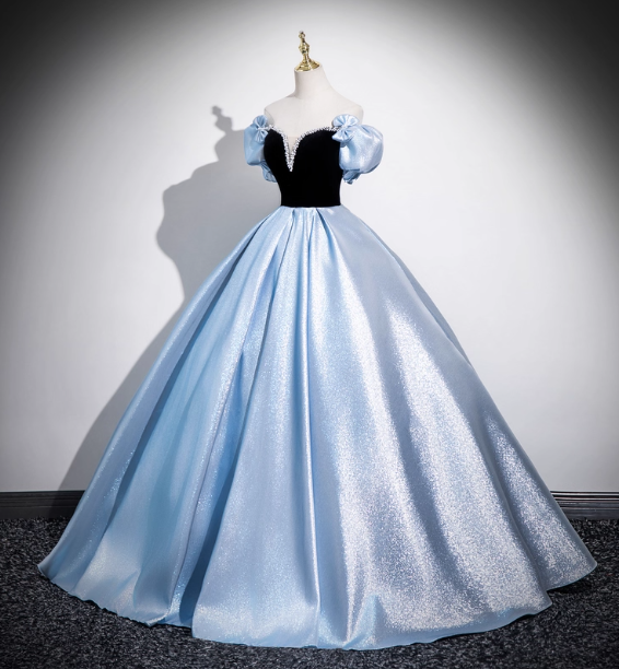 Vintage Court Blue Off-Shoulder Bow Velvet Satin Long Ball Gown Prom Dresses Sweet 16 Dresses