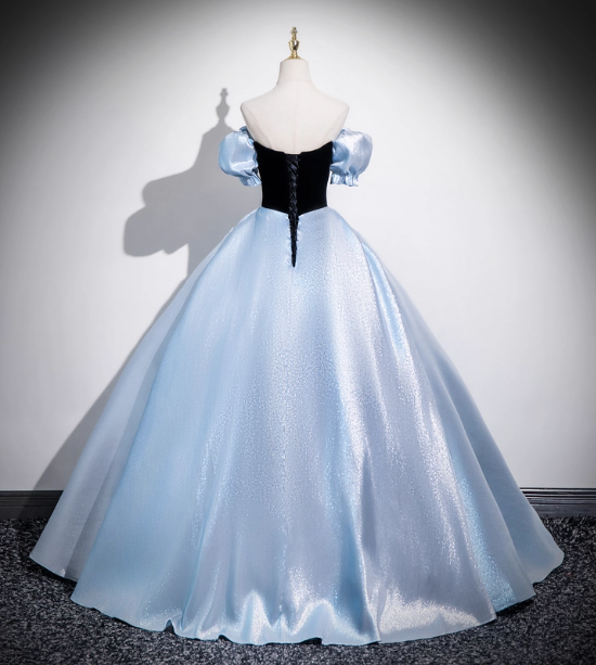 Vintage Court Blue Off-Shoulder Bow Velvet Satin Long Ball Gown Prom Dresses Sweet 16 Dresses