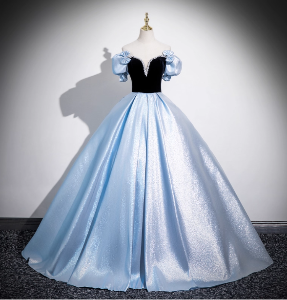 Vintage Court Blue Off-Shoulder Bow Velvet Satin Long Ball Gown Prom Dresses Sweet 16 Dresses