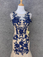 Vintage Cream Navy Mermaid Crew Neck Sleeveless Embroidered Tulle Long Formal Prom Dresses