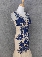 Vintage Cream Navy Mermaid Crew Neck Sleeveless Embroidered Tulle Long Formal Prom Dresses