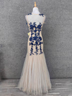 Vintage Cream Navy Mermaid Crew Neck Sleeveless Embroidered Tulle Long Formal Prom Dresses