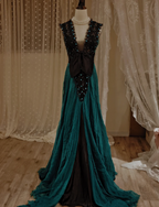 Vintage Dark Green A-Line V-Neck Bow Beaded Chiffon Long Formal Prom Dresses