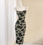 Vintage Dark Green Base Black Rose Printed Slim-Fit Spaghetti Strap Satin Formal Prom Dresses