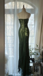 Vintage Dark Green Strapless Beaded Chiffon Mermaid Long Prom Dress