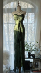 Vintage Dark Green Strapless Beaded Chiffon Mermaid Long Prom Dress