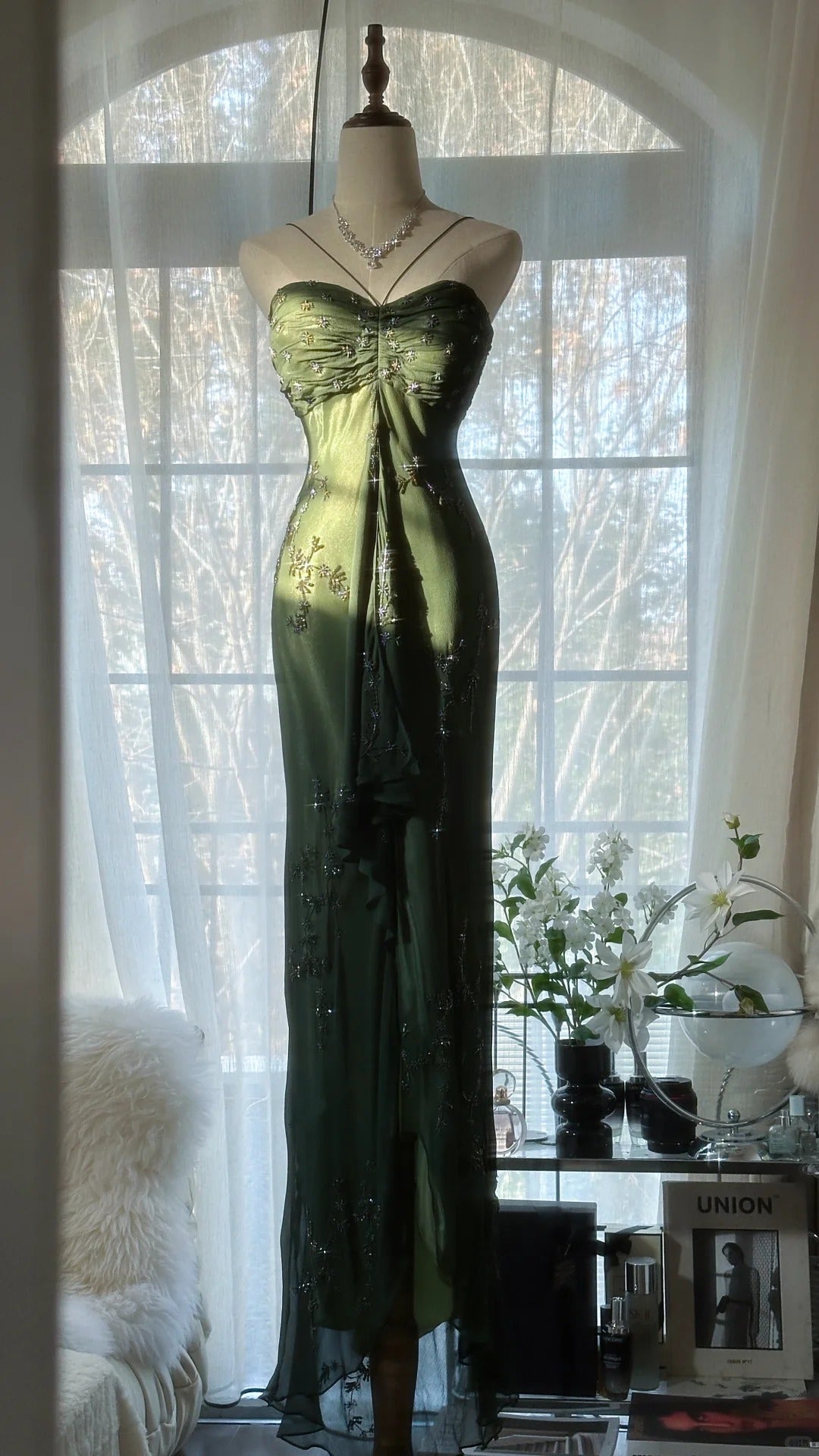 Vintage Dark Green Strapless Beaded Chiffon Mermaid Long Prom Dress