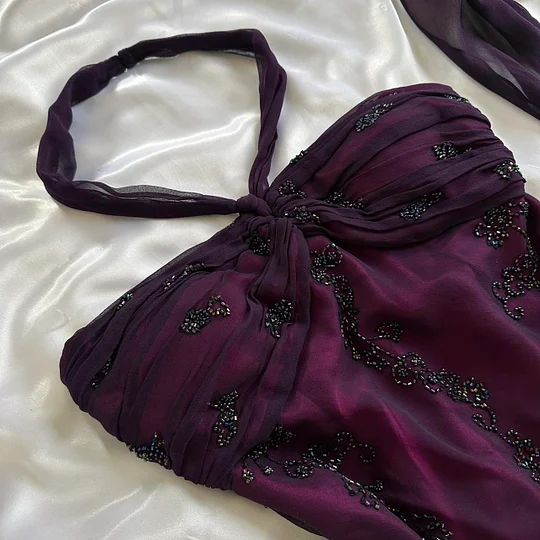 Vintage Dark Purple Halter-Neck Beaded Ruffled Charming Formal Prom Dresses Formal Evening Dresses Party Dresses