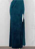 Vintage Deep Peacock Blue Mermaid V-Neck Pearl Slit Velvet Long Formal Prom Dresses