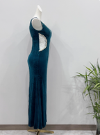 Vintage Deep Peacock Blue Mermaid V-Neck Pearl Slit Velvet Long Formal Prom Dresses