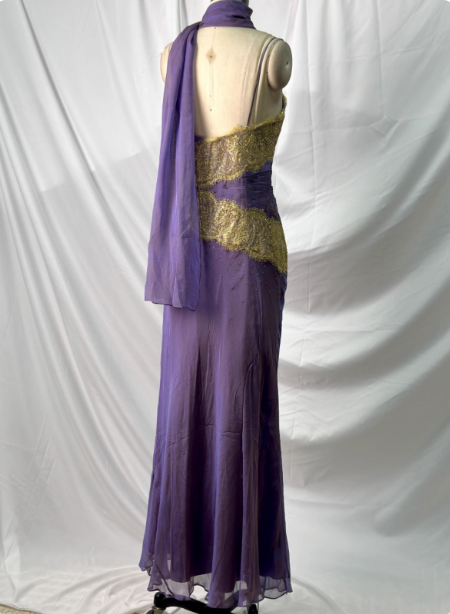 Vintage Deep Purple Gold Lace Thin Strap V-Neck Chiffon Long Formal Prom Dresses Secondary image