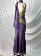 Vintage Deep Purple Gold Lace Thin Strap V-Neck Chiffon Long Formal Prom Dresses