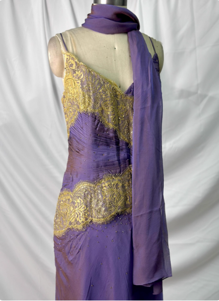 Vintage Deep Purple Gold Lace Thin Strap V-Neck Chiffon Long Formal Prom Dresses