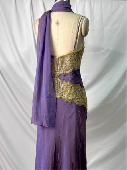 Vintage Deep Purple Gold Lace Thin Strap V-Neck Chiffon Long Formal Prom Dresses