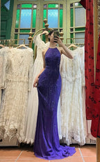 Vintage Deep Purple Mermaid Halter Neck Backless Beaded Chiffon Formal Prom Dresses