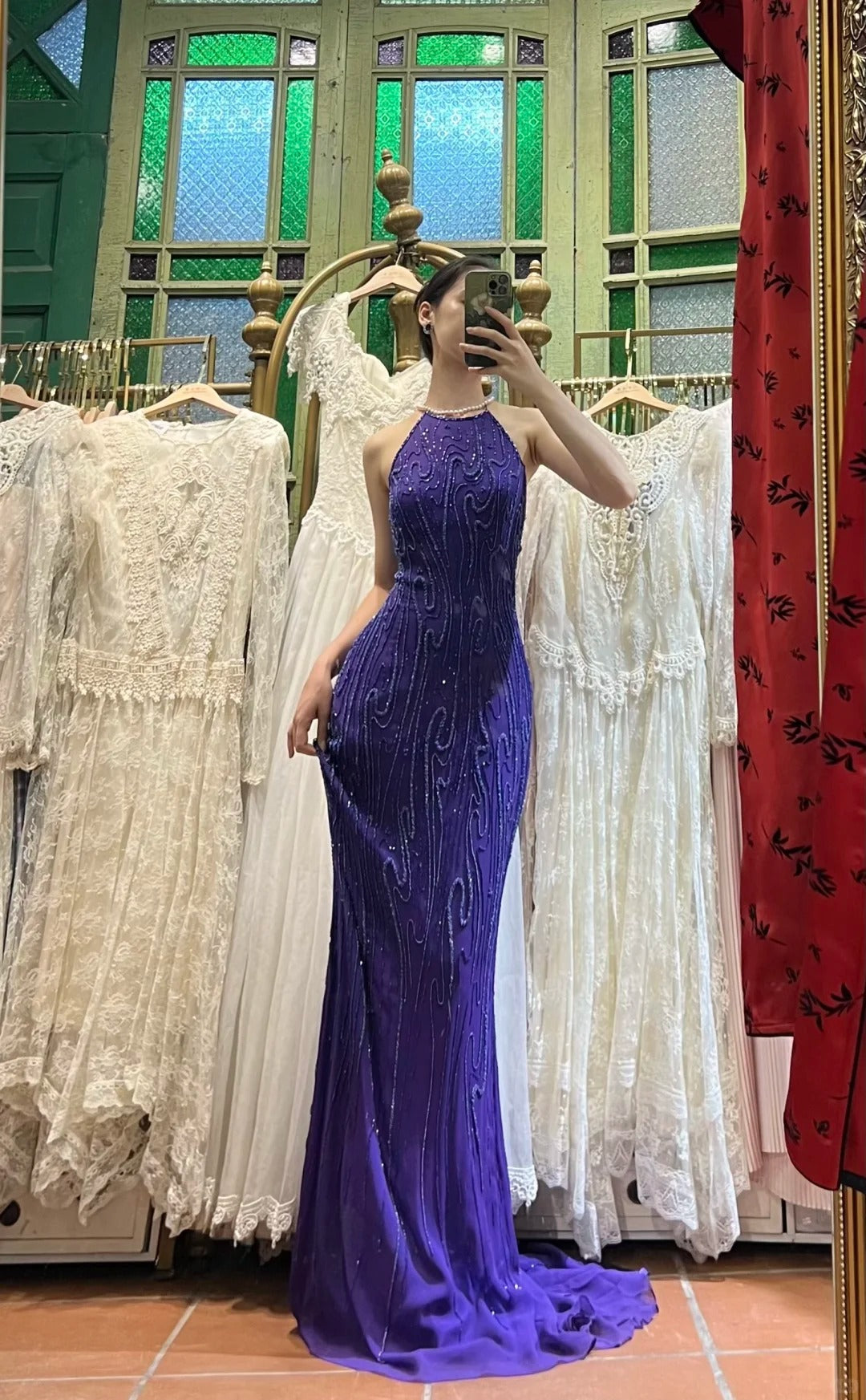 Vintage Deep Purple Mermaid Halter Neck Backless Beaded Chiffon Formal Prom Dresses