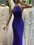 Vintage Deep Purple Mermaid Halter Neck Backless Beaded Chiffon Formal Prom Dresses