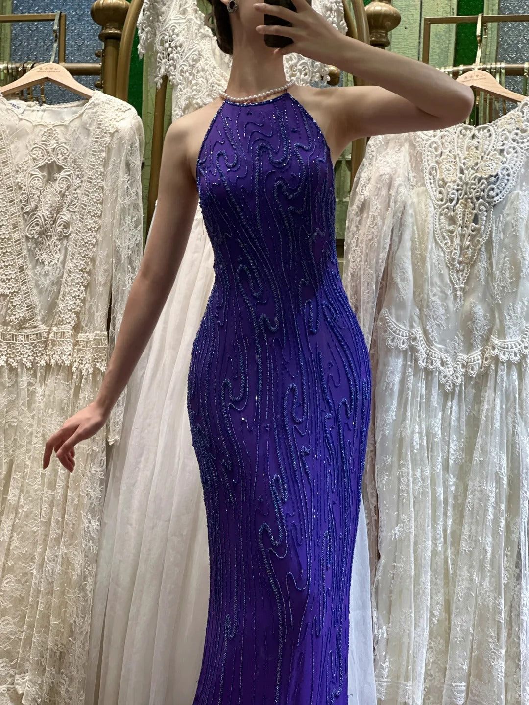 Vintage Deep Purple Mermaid Halter Neck Backless Beaded Chiffon Formal Prom Dresses