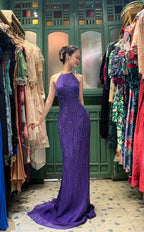 Vintage Deep Purple Mermaid Halter Neck Backless Beaded Chiffon Formal Prom Dresses