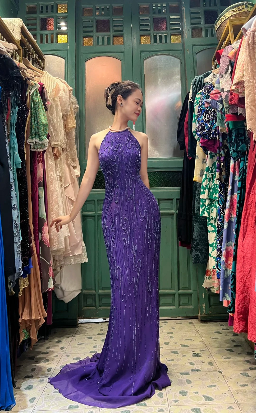 Vintage Deep Purple Mermaid Halter Neck Backless Beaded Chiffon Formal Prom Dresses