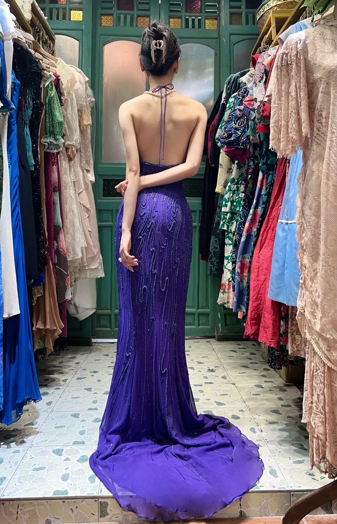 Vintage Deep Purple Mermaid Halter Neck Backless Beaded Chiffon Formal Prom Dresses