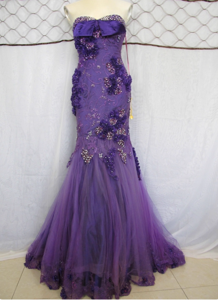 Vintage Deep Purple Mermaid Strapless 3D Floral Beaded Tulle Long Formal Prom Dresses Main image