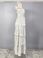Vintage Dusty Sage A-Line V-Neck Satin Tiered Long Formal Prom Dresses