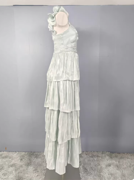 Vintage Dusty Sage A-Line V-Neck Satin Tiered Long Formal Prom Dresses