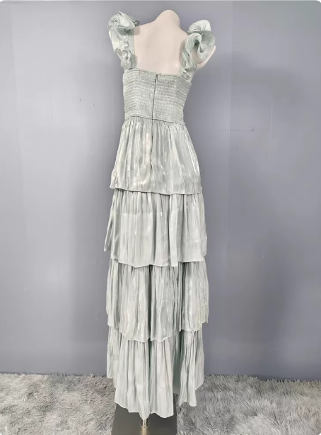Vintage Dusty Sage A-Line V-Neck Satin Tiered Long Formal Prom Dresses