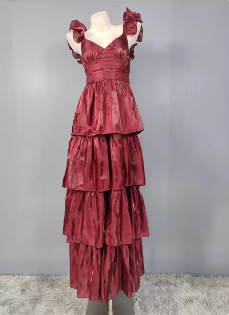Vintage Dusty Sage A-Line V-Neck Satin Tiered Long Formal Prom Dresses
