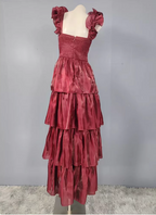 Vintage Dusty Sage A-Line V-Neck Satin Tiered Long Formal Prom Dresses