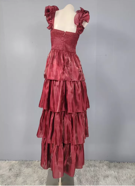 Vintage Dusty Sage A-Line V-Neck Satin Tiered Long Formal Prom Dresses