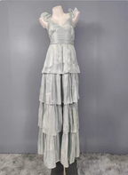 Vintage Dusty Sage A-Line V-Neck Satin Tiered Long Formal Prom Dresses