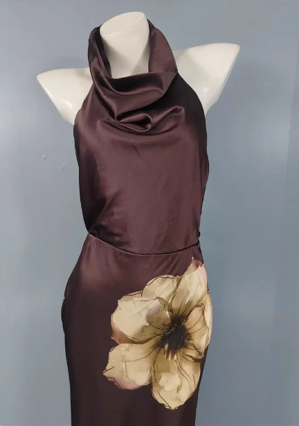 Vintage Elegant Dark Brown Printed Halter Neck Open Back Satin Long Formal Prom Dresses Secondary image