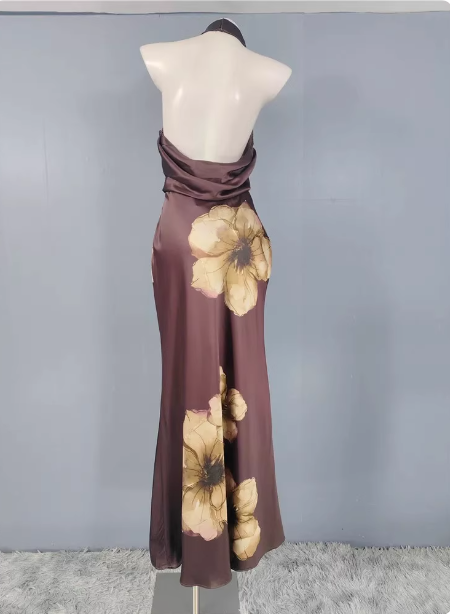 Vintage Elegant Dark Brown Printed Halter Neck Open Back Satin Long Formal Prom Dresses
