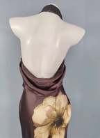Vintage Elegant Dark Brown Printed Halter Neck Open Back Satin Long Formal Prom Dresses