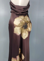 Vintage Elegant Dark Brown Printed Halter Neck Open Back Satin Long Formal Prom Dresses